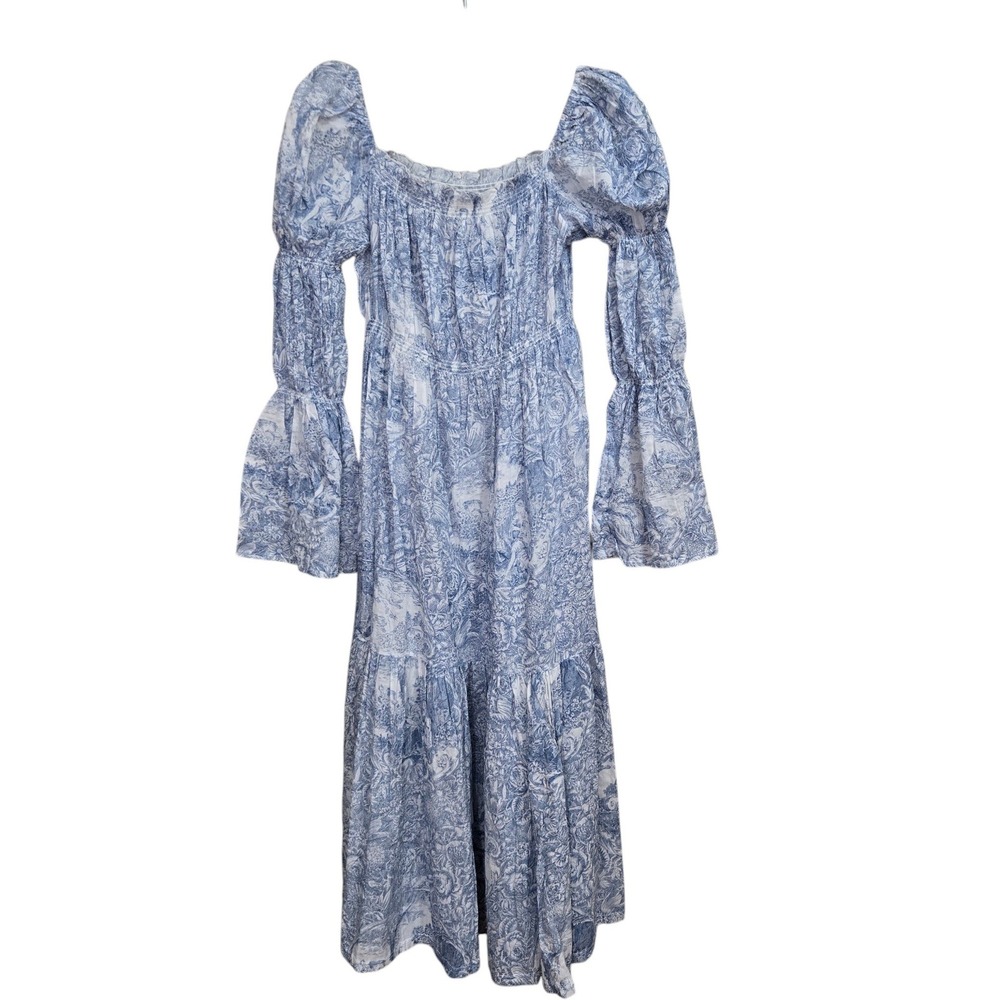 Nothing Fits But Hein Dress Womens M/L Blue Toile Smocked Bell Sleeve Midi Toile